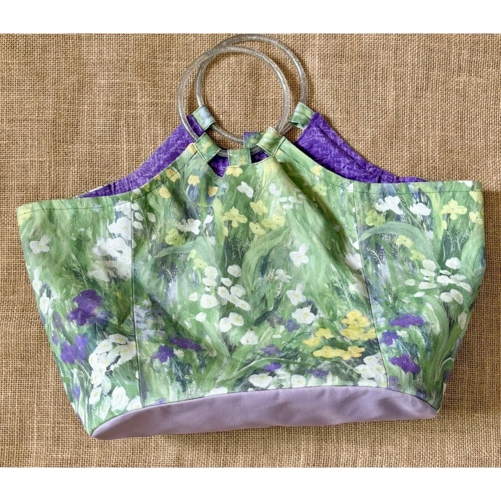 Handmade Floral Hobo Purse Glitter Plastic Handles Impressionist Watercolor